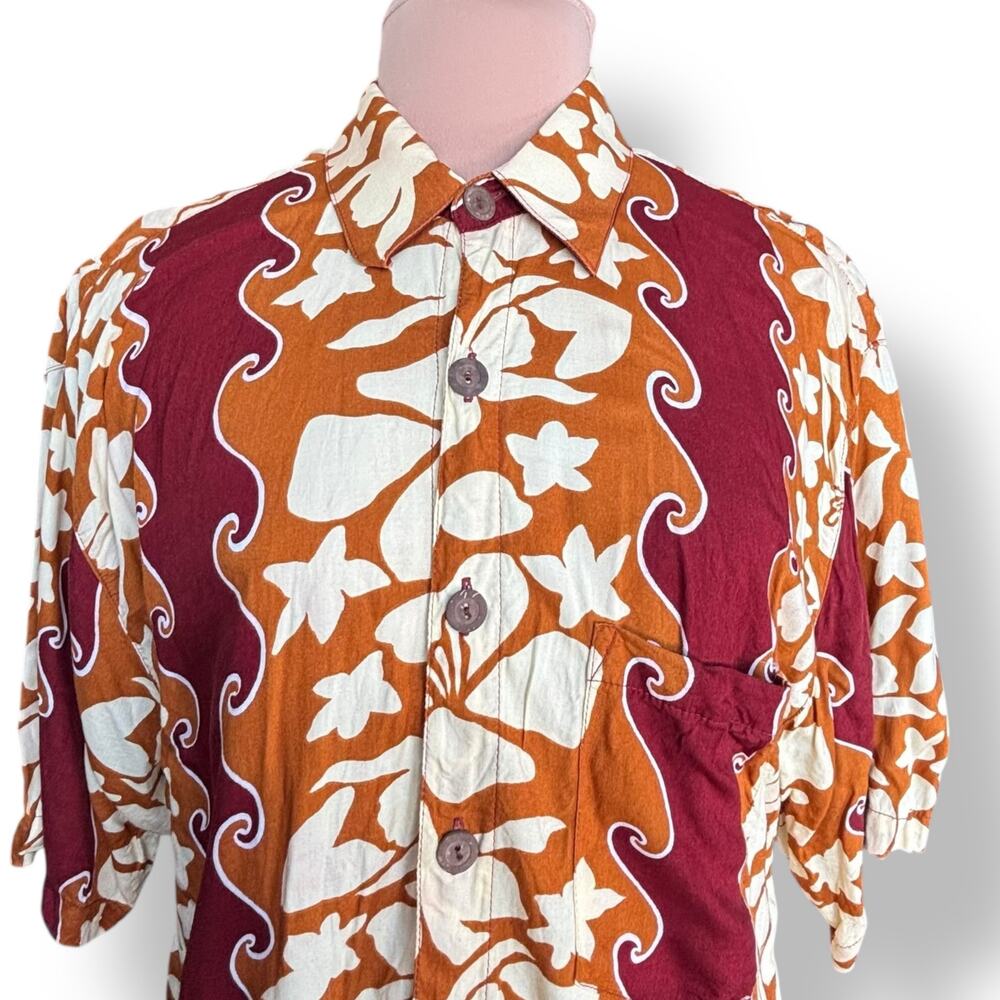Vintage 90s Tropical Top Rust Burgundy Hibiscus Floral Rayon Shirt Large Boho